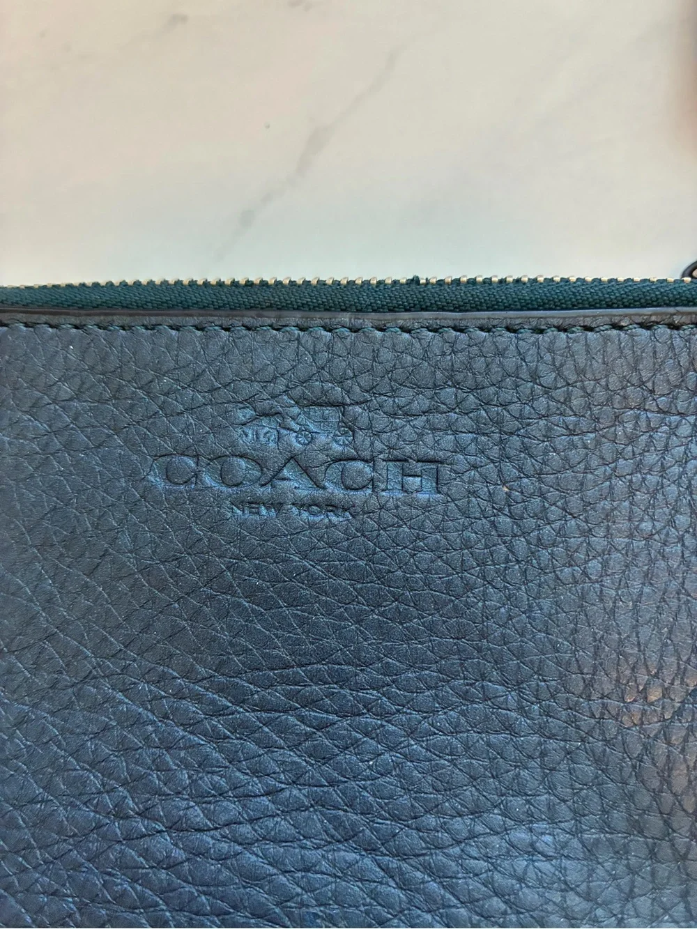 Coach Navy Pebbled Leather Zip Double corner zip wristlet